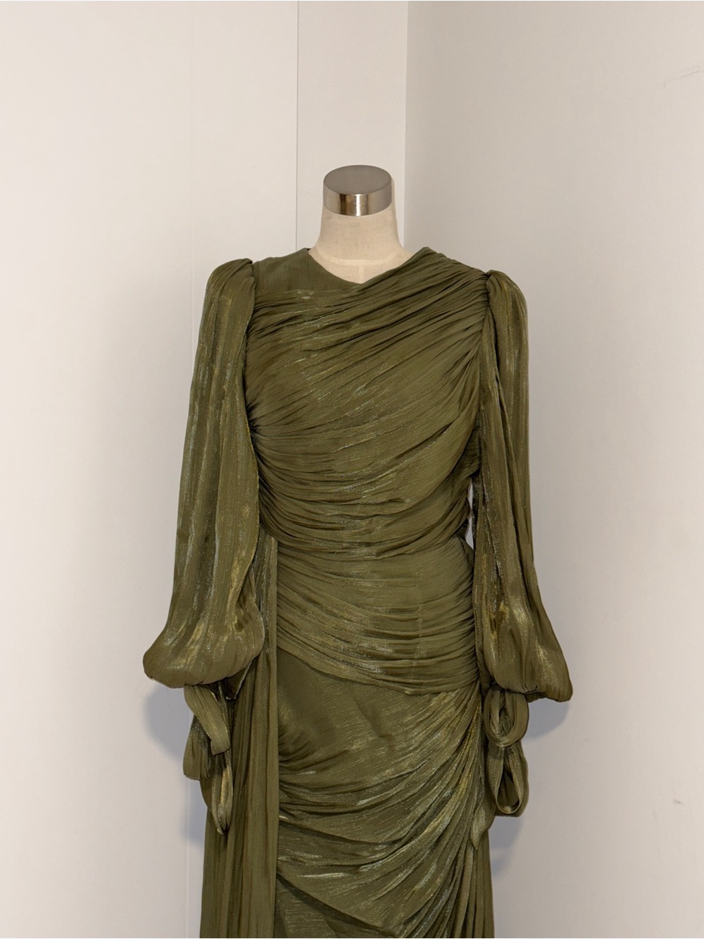 Olive Green Draped Evening Dress with Bow Detail - Picture 3 of 9